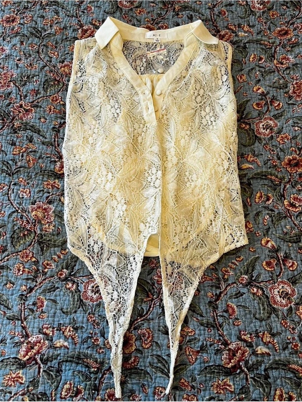Mine Yellow Lace Blouse Cropped
Shear See Through w/ Tie Front Detail Cross Back - Picture 2 of 6